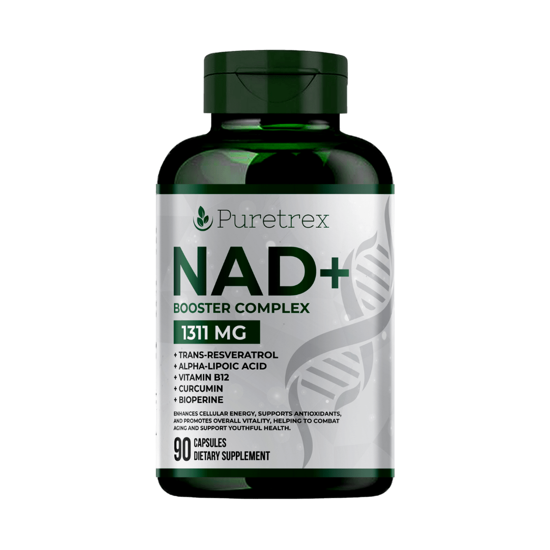 NAD+ Booster Complex with Trans-Resveratrol Capsules - PURETREX Front view of PURETREX NAD+ Booster Complex 1311mg – with Trans-Resveratrol, Alpha-Lipoic Acid, Vitamin D3, Curcumin, and BioPerine.
