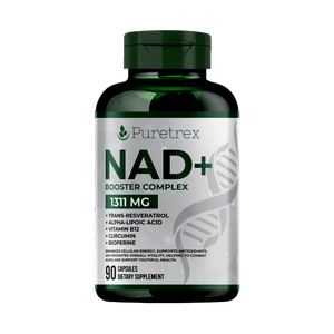 NAD+ Booster Complex with Trans-Resveratrol Capsules - PURETREX Front view of PURETREX NAD+ Booster Complex 1311mg – with Trans-Resveratrol, Alpha-Lipoic Acid, Vitamin D3, Curcumin, and BioPerine.