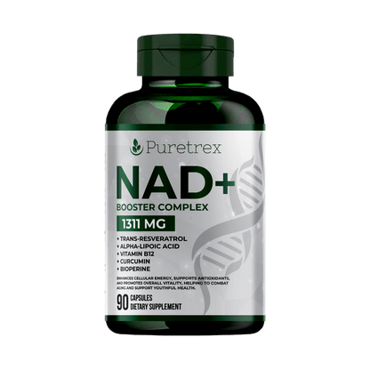 NAD+ Booster Complex with Trans-Resveratrol Capsules - PURETREX Front view of PURETREX NAD+ Booster Complex 1311mg – with Trans-Resveratrol, Alpha-Lipoic Acid, Vitamin D3, Curcumin, and BioPerine.