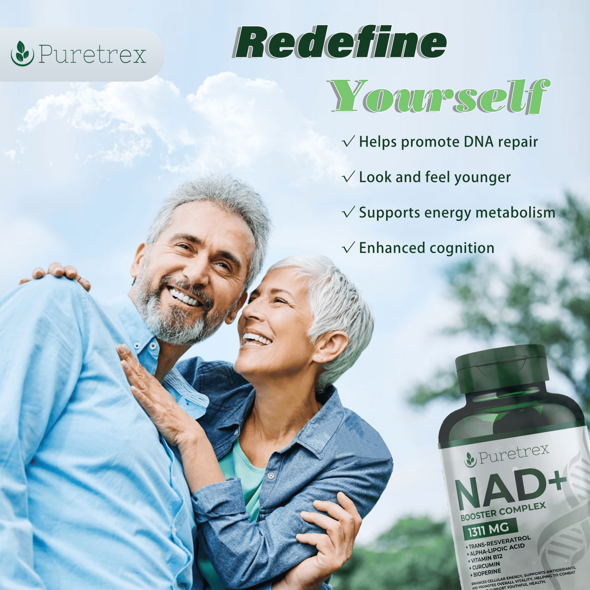 NAD+ Booster Complex with Trans-Resveratrol Capsules -PURETREX NAD+ Booster Complex lifestyle image – promotes vitality, energy, and healthy aging for men and women.