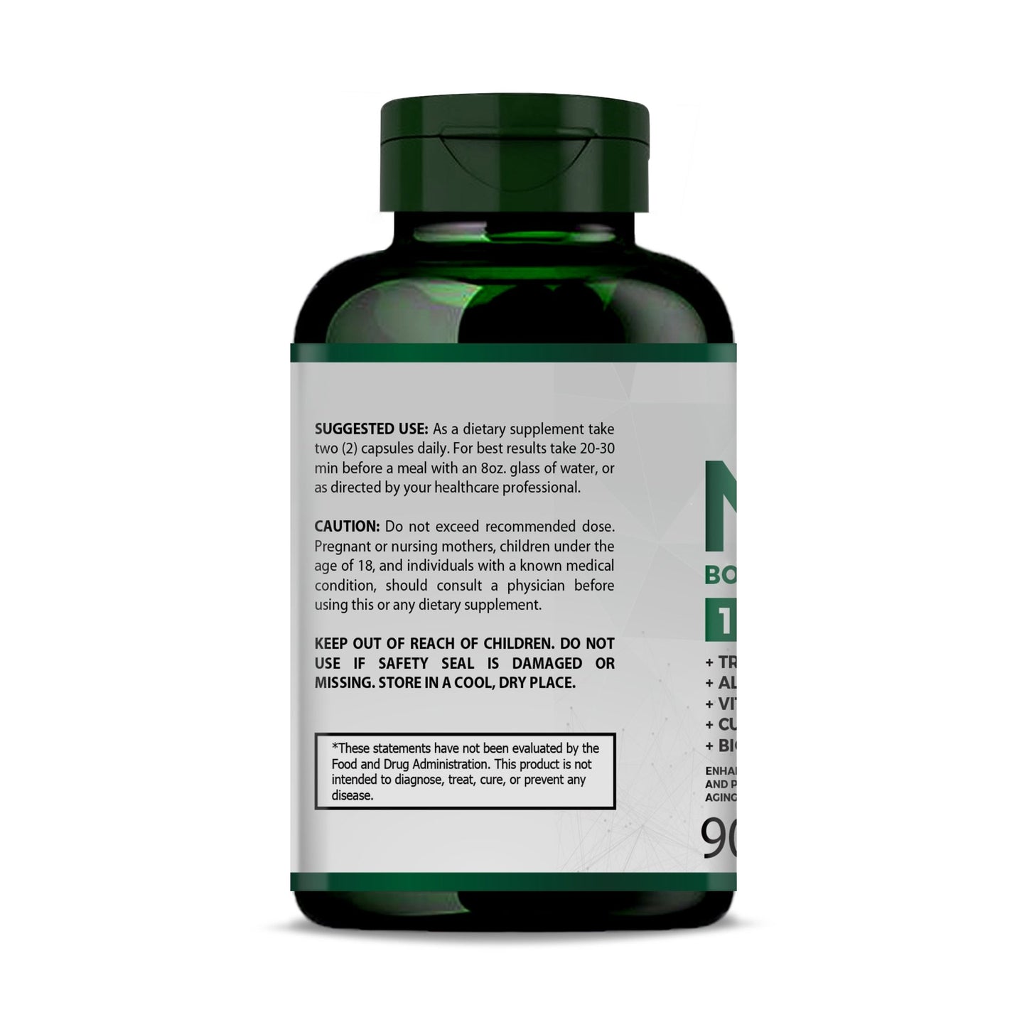 Supplement facts of PURETREX NAD+ Booster Complex capsules – detailed nutrition label with dosage and serving size.