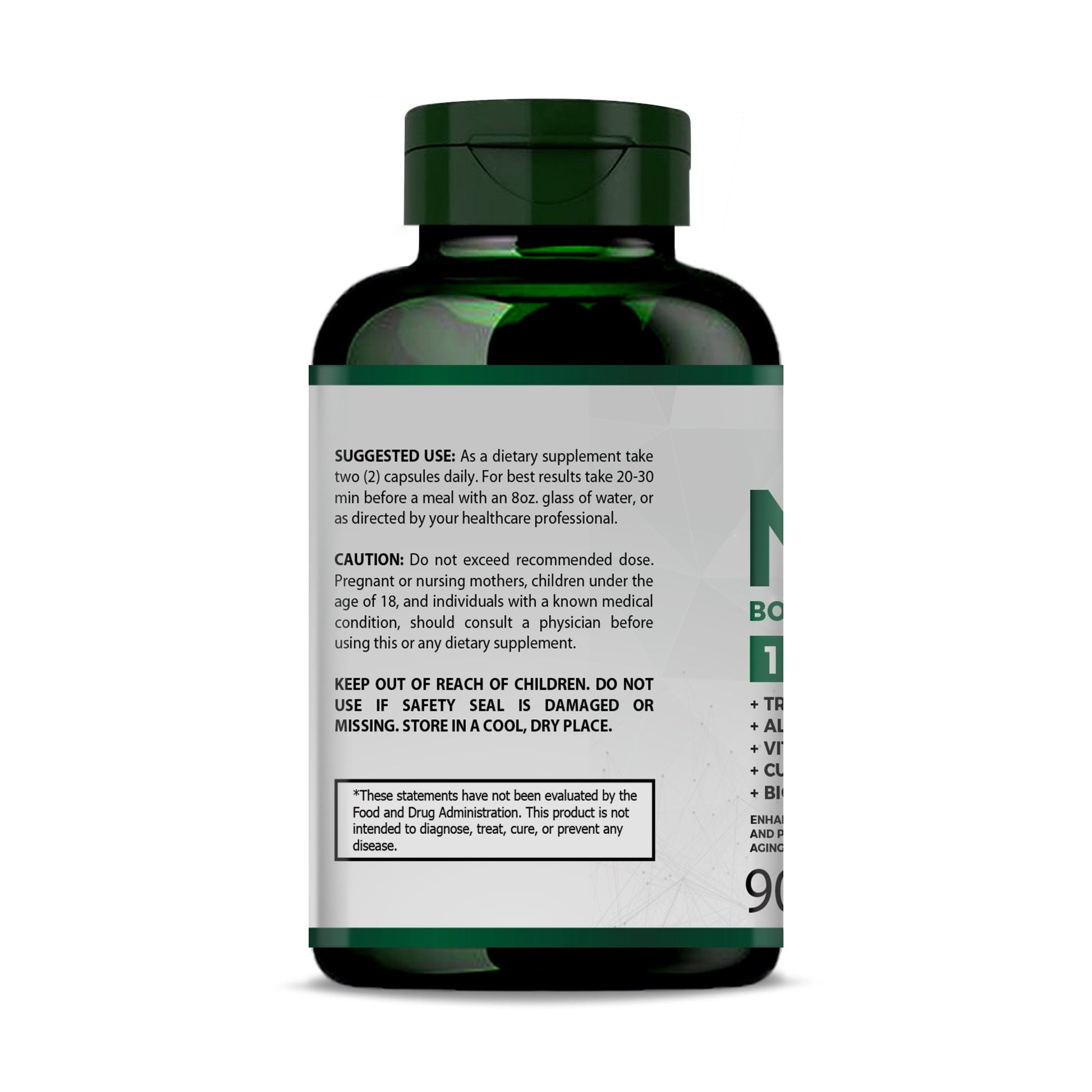 Supplement facts of PURETREX NAD+ Booster Complex capsules – detailed nutrition label with dosage and serving size.