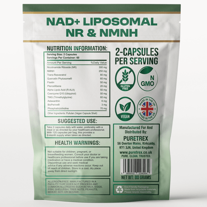 Back of Puretrex NAD+ Liposomal NR & NMNH package with nutrition facts, suggested use and warnings.