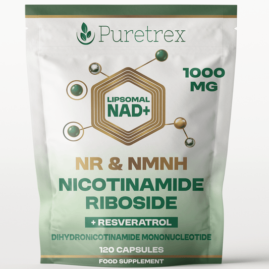 Front packaging of Puretrex Liposomal NAD+ NR & NMNH Nicotinamide Riboside with Resveratrol, showing 1000mg strength and 120 capsules.