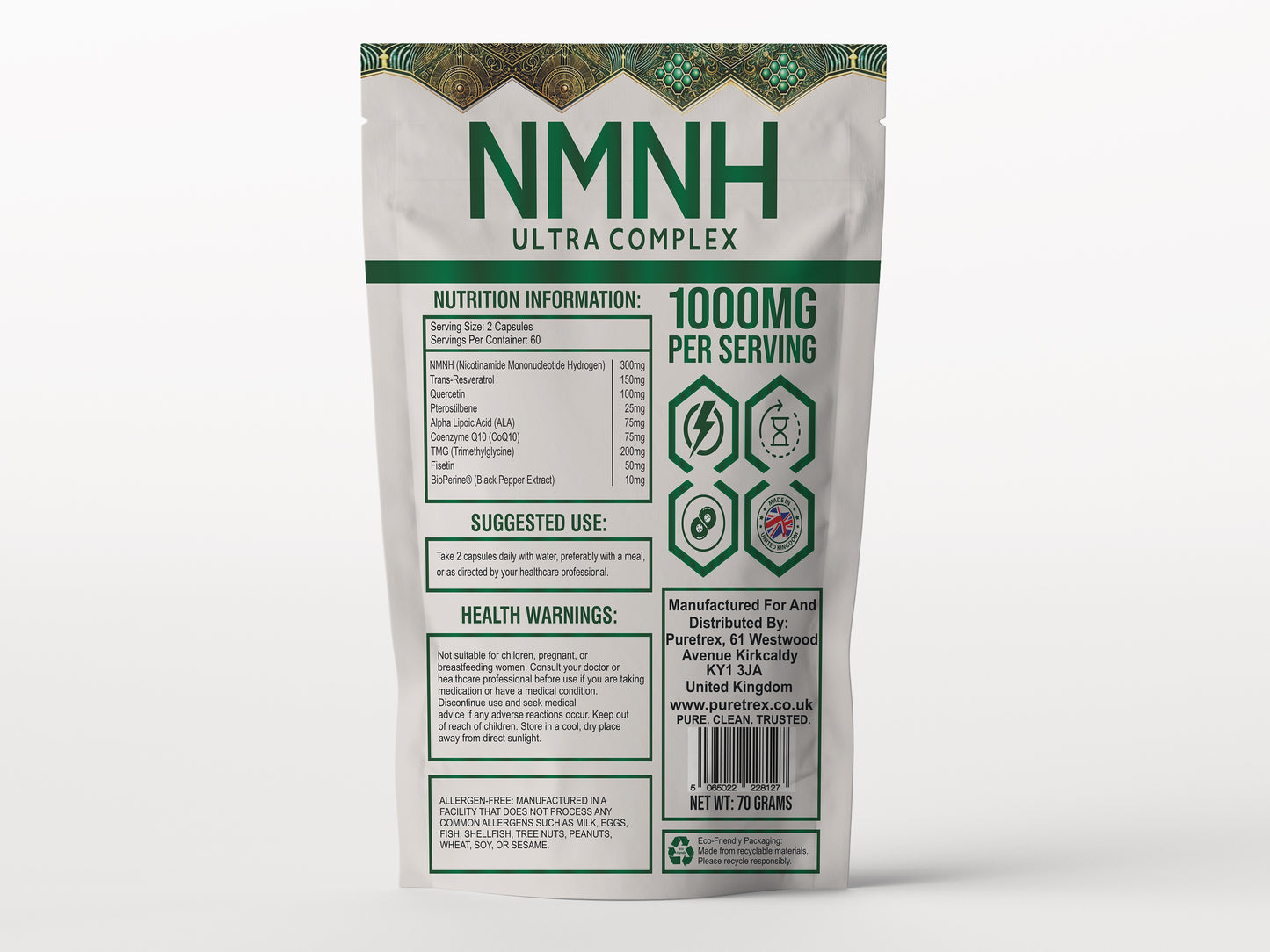Back label of Puretrex NMNH Ultra Complex showing nutrition facts, ingredient list, dosage instructions, and quality certifications.
