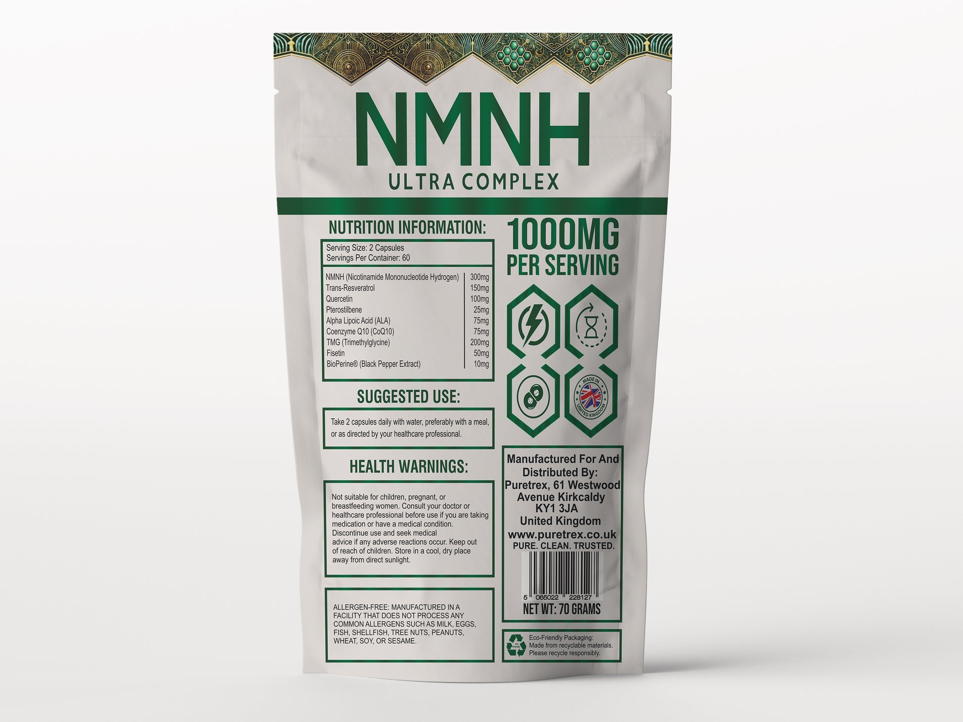 Back label of Puretrex NMNH Ultra Complex showing nutrition facts, ingredient list, dosage instructions, and quality certifications.