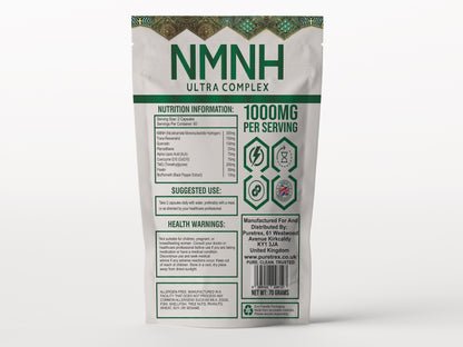 Back label of Puretrex NMNH Ultra Complex showing nutrition facts, ingredient list, dosage instructions, and quality certifications.