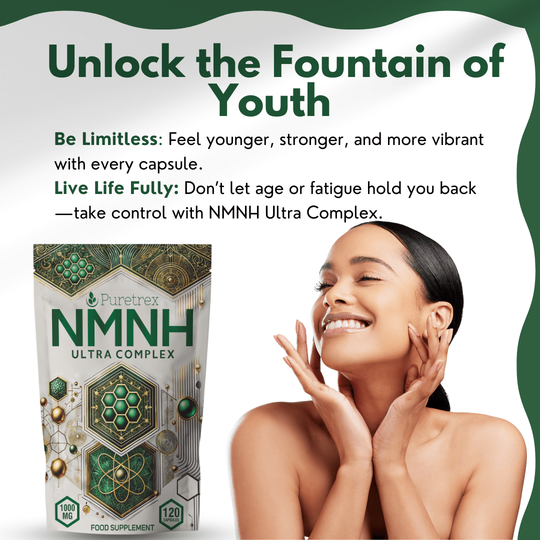 Puretrex NMNH Ultra Complex lifestyle image – fountain of youth concept, promoting energy, vitality, and advanced wellness support.
