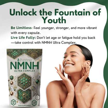 Puretrex NMNH Ultra Complex lifestyle image – fountain of youth concept, promoting energy, vitality, and advanced wellness support.
