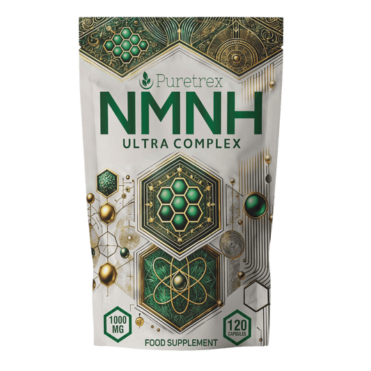 Puretrex NMNH Ultra Complex 1000mg front packaging, 120 capsules, premium anti-aging supplement with advanced cellular energy formula.