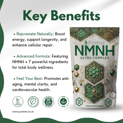 Key benefits of Puretrex NMNH Ultra Complex supplement – 1000mg NMNH with 7 ingredients to support energy, longevity, heart health, and cellular vitality.
