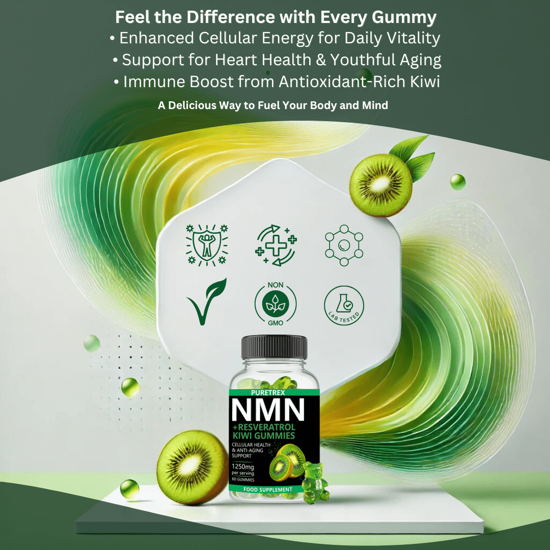 Benefits of PURETREX NMN + Resveratrol Kiwi Gummies – supports cellular energy, daily vitality, and overall wellness with delicious kiwi flavor.