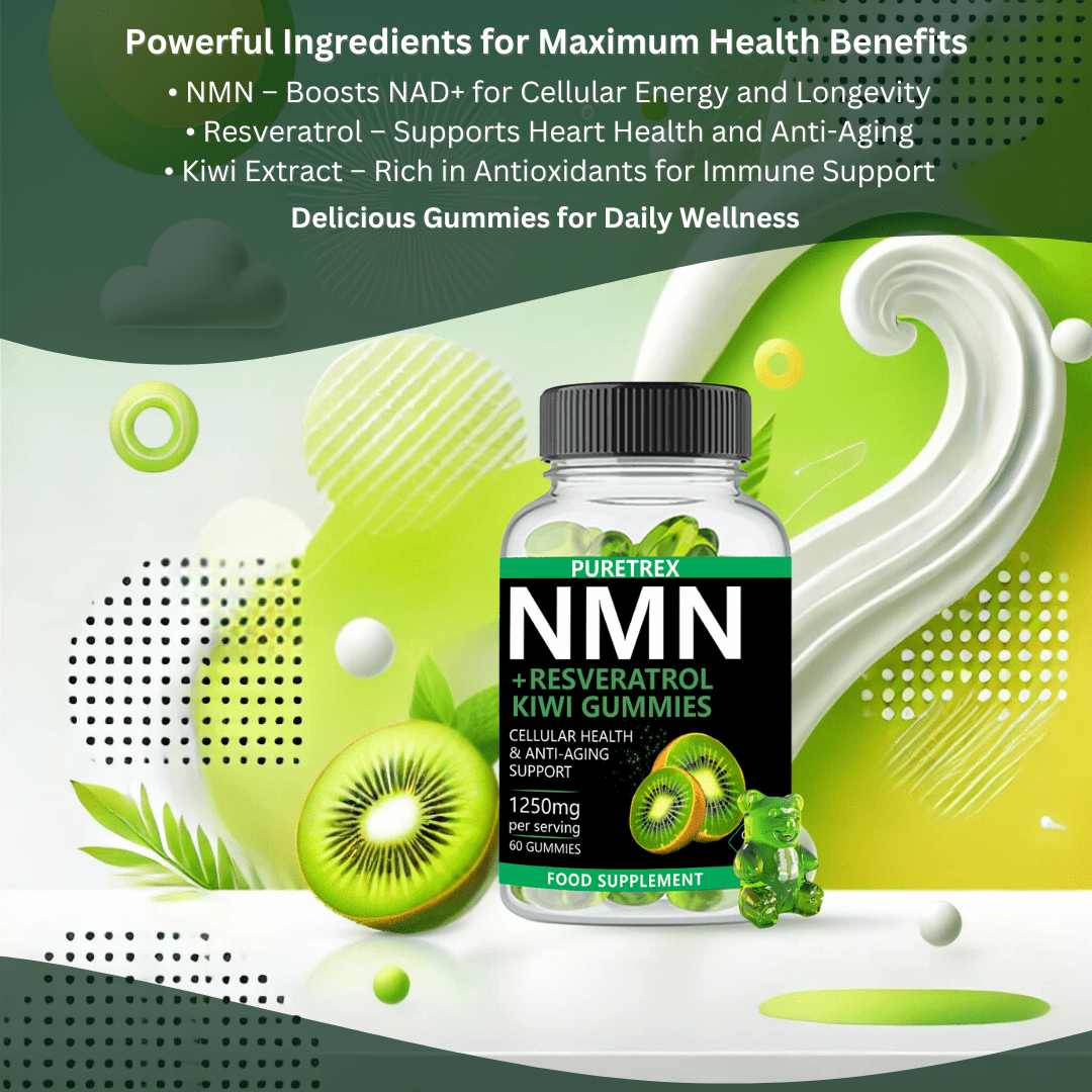 Key ingredients of PURETREX NMN Kiwi Gummies – NMN, Resveratrol, Kiwi Extract, Vitamin B12, and natural antioxidants for advanced formula.