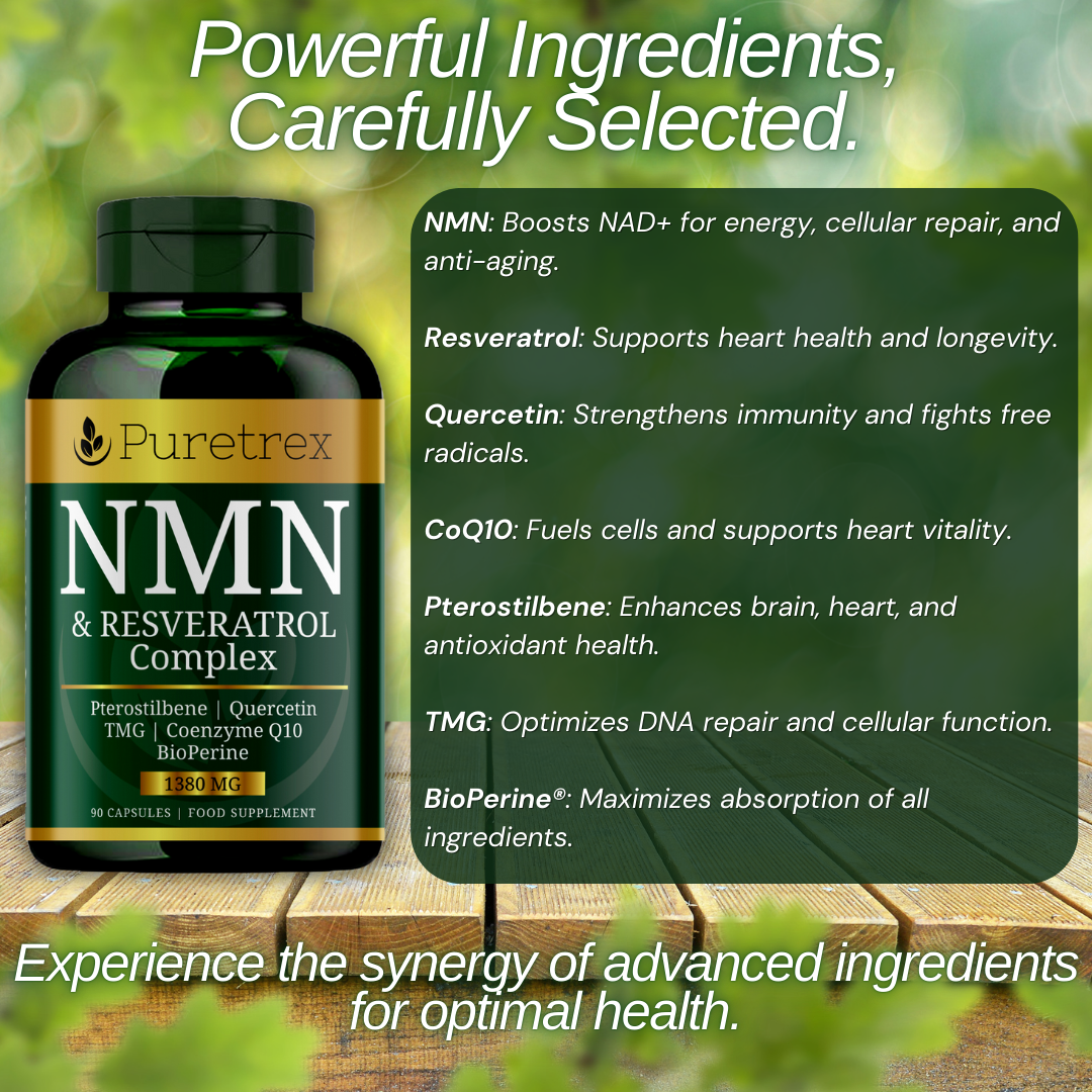 Powerful ingredients of PURETREX NMN & Resveratrol Complex – carefully selected advanced natural formula.