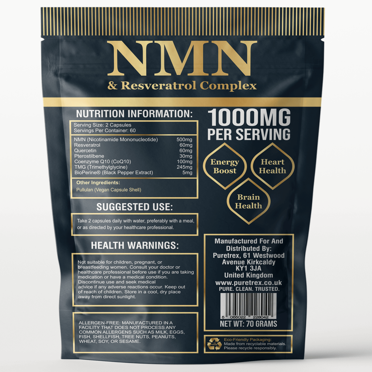 NMN & Resveratrol Complex 7-in-1 Capsules - PURETREX Back packaging of Puretrex NMN & Resveratrol Complex showing supplement facts, directions, and high-quality advanced formula details.