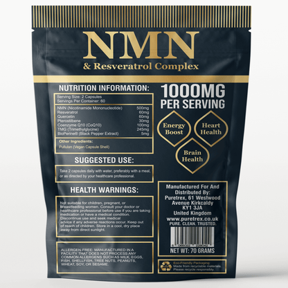 NMN & Resveratrol Complex 7-in-1 Capsules - PURETREX Back packaging of Puretrex NMN & Resveratrol Complex showing supplement facts, directions, and high-quality advanced formula details.