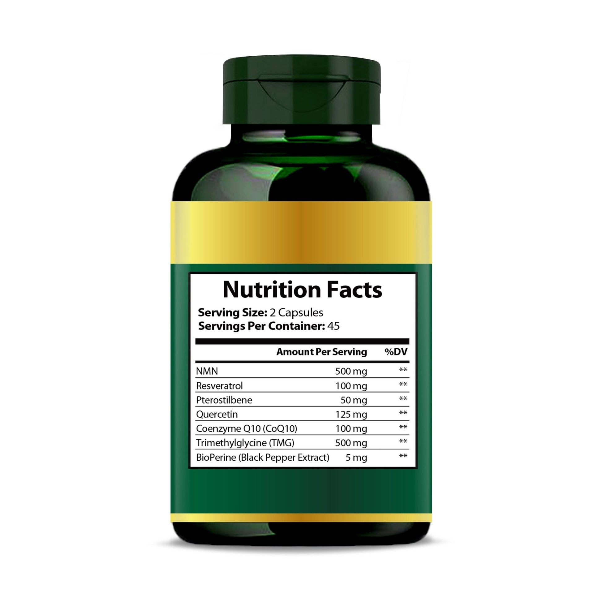 Back view of PURETREX NMN & Resveratrol Complex bottle with directions, supplement facts, and quality seals.