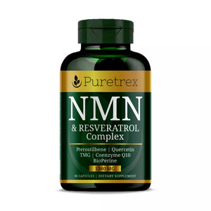 Front view of PURETREX NMN & Resveratrol Complex 1380mg capsules – with Pterostilbene, Quercetin, CoQ10, TMG, BioPerine.