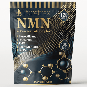 Front packaging of Puretrex NMN & Resveratrol Complex 1000mg, 120 capsules, with Pterostilbene, Quercetin, TMG, Coenzyme Q10, BioPerine.