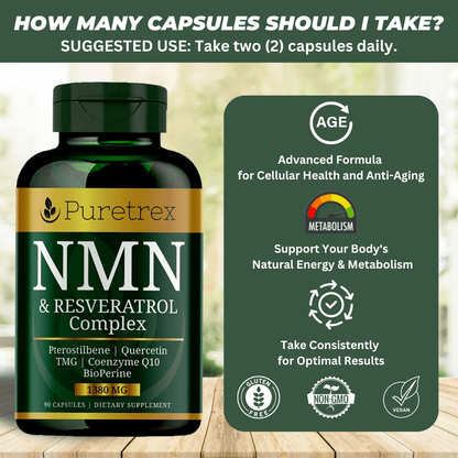 Suggested use for PURETREX NMN & Resveratrol – take 2 capsules daily for natural advanced formula support.