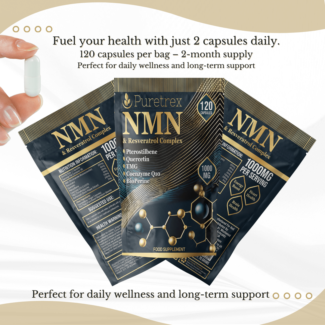 NMN & Resveratrol Complex 7-in-1 Capsules - PURETREX Lifestyle image of Puretrex NMN & Resveratrol Complex capsules, premium energy and longevity supplement for daily wellness support.