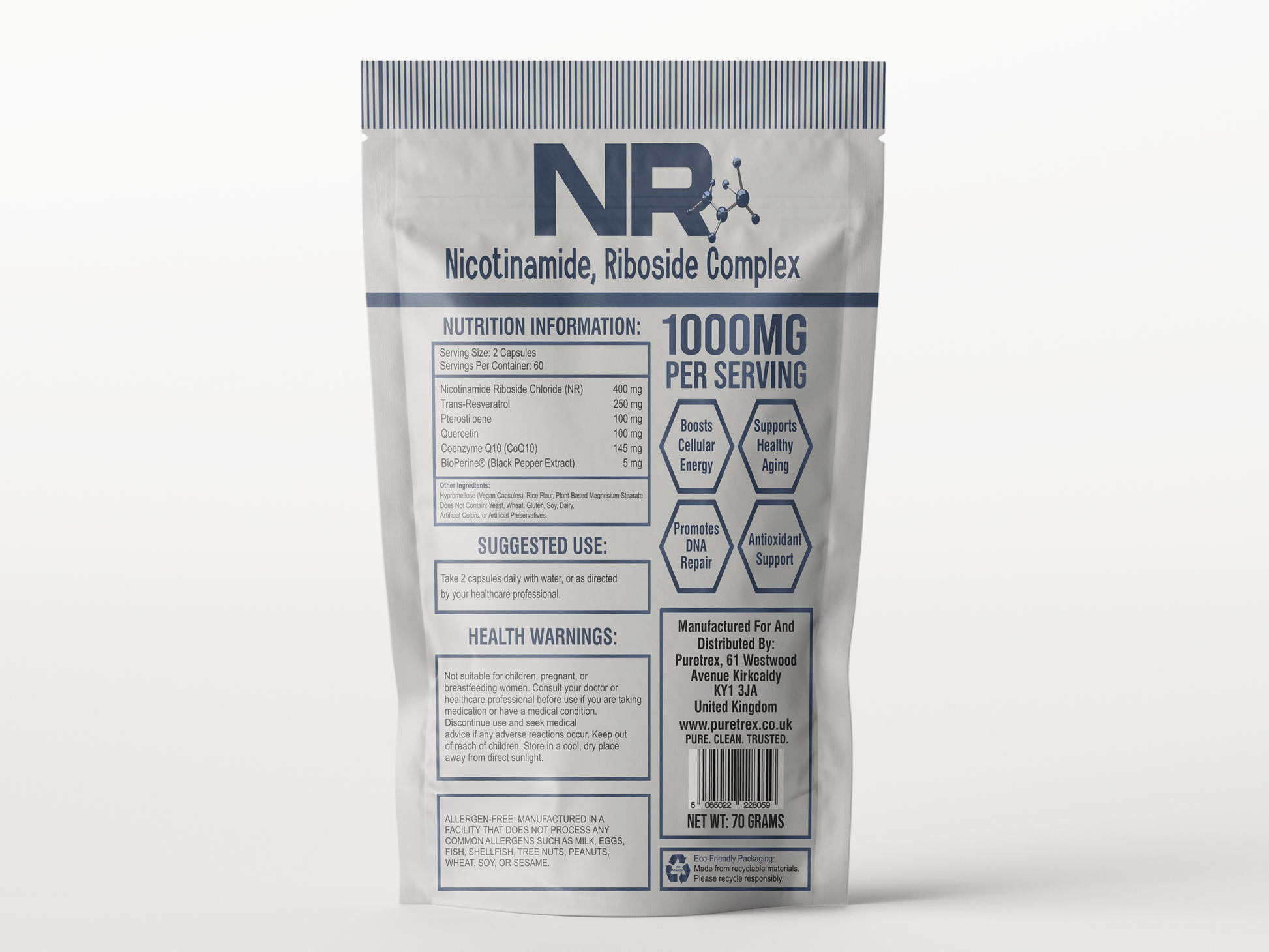 Back view of Puretrex Nicotinamide Riboside Complex packaging with nutrition facts, supplement details, and usage instructions.