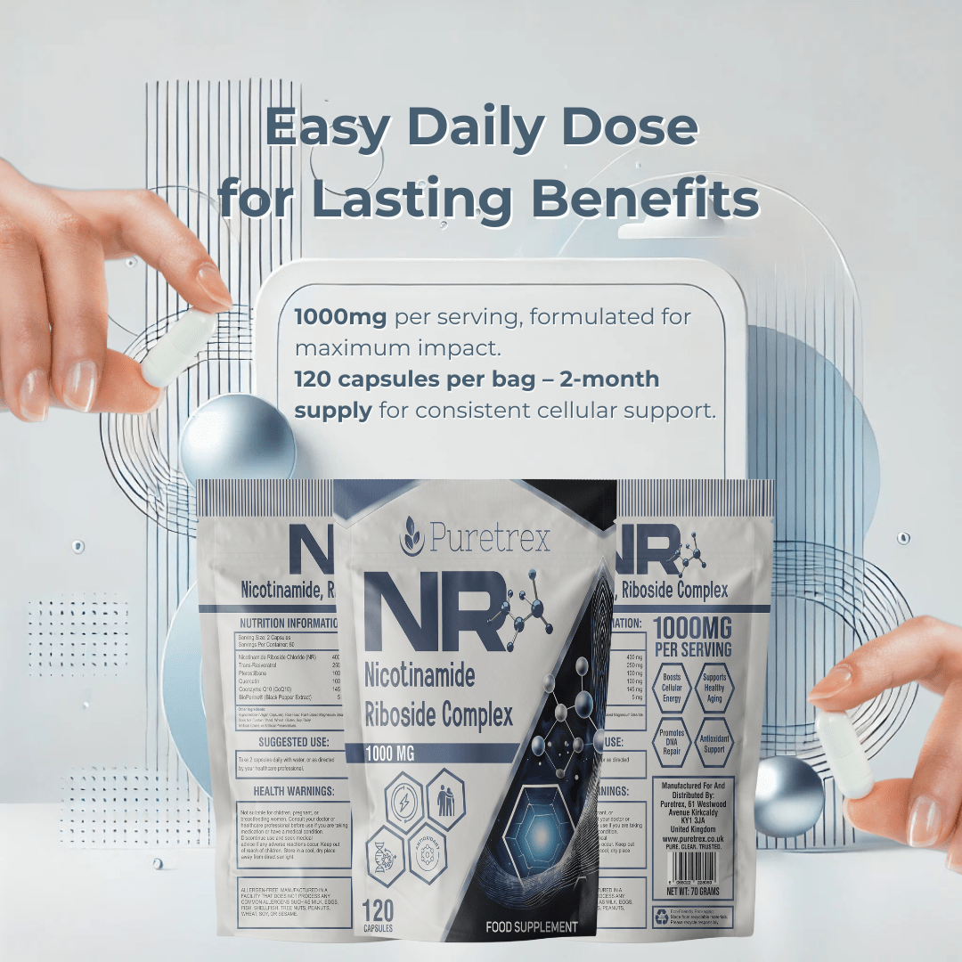 Easy daily dose of Puretrex Nicotinamide Riboside Complex – 2 capsules per day, designed for consistent results and long-term use.