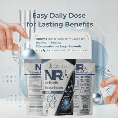Easy daily dose of Puretrex Nicotinamide Riboside Complex – 2 capsules per day, designed for consistent results and long-term use.
