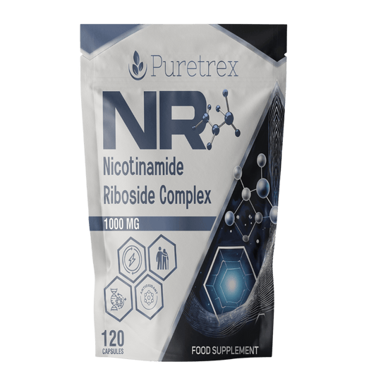 Front packaging of Puretrex Nicotinamide Riboside Complex 1000mg, 120 capsules, showing key benefits and clean design.