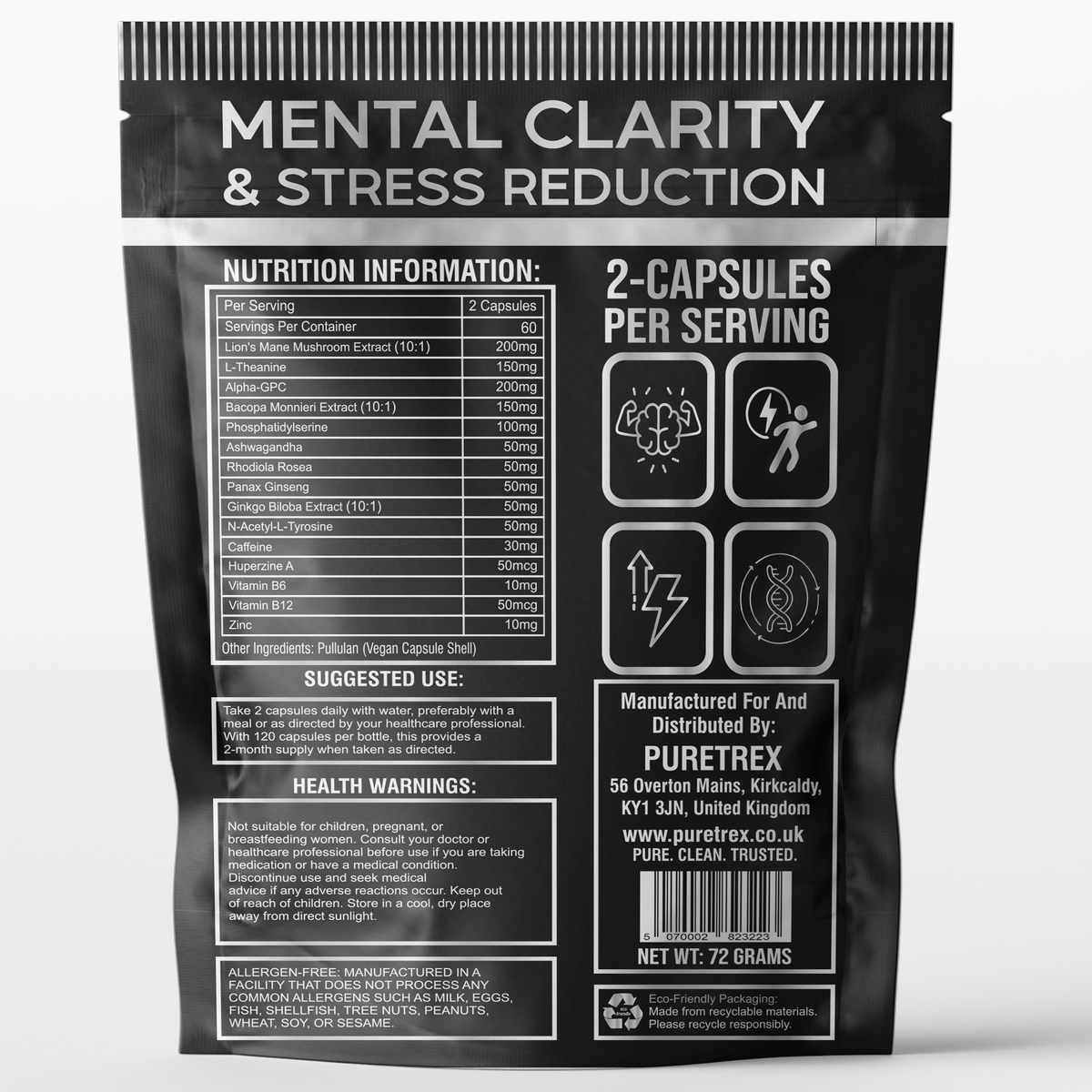 PURETREX Neuro Boost back packaging – nutrition facts, supplement facts, ingredients, and usage instructions for nootropic capsules.