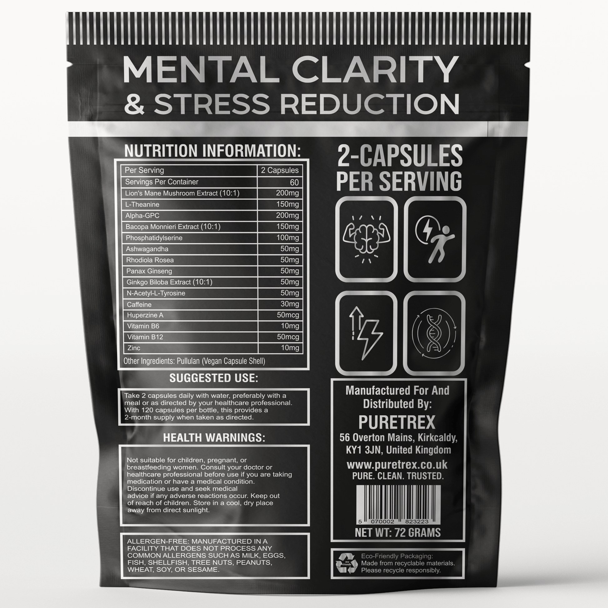 PURETREX Neuro Boost back packaging – nutrition facts, supplement facts, ingredients, and usage instructions for nootropic capsules.
