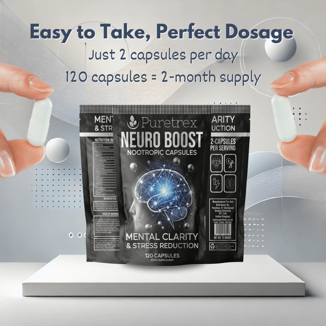 PURETREX Neuro Boost easy-to-take dosage – 2 capsules per day, 120 capsules for 1-month supply, mental clarity and stress relief.
