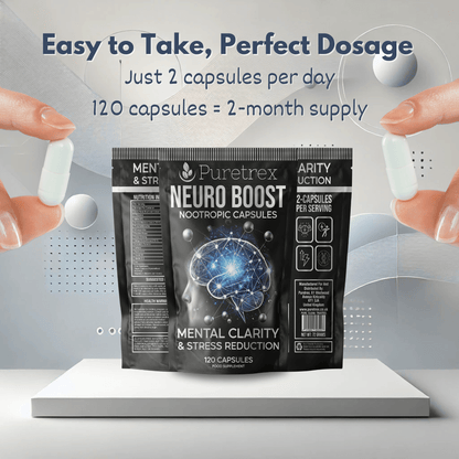 PURETREX Neuro Boost easy-to-take dosage – 2 capsules per day, 120 capsules for 1-month supply, mental clarity and stress relief.