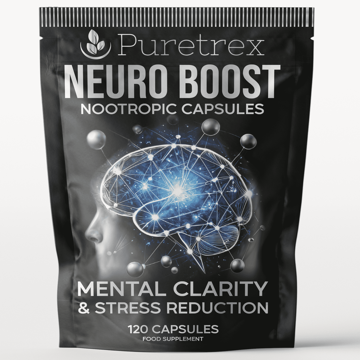 PURETREX Neuro Boost Nootropic Capsules – front pouch packaging, focus, 120 capsules food supplement.