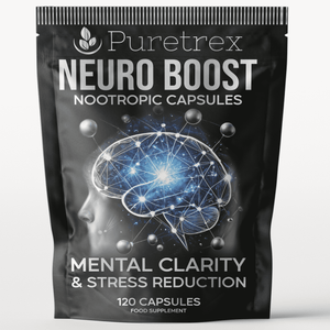 PURETREX Neuro Boost Nootropic Capsules – front pouch packaging for mental clarity, focus, stress reduction, 120 capsules food supplement.