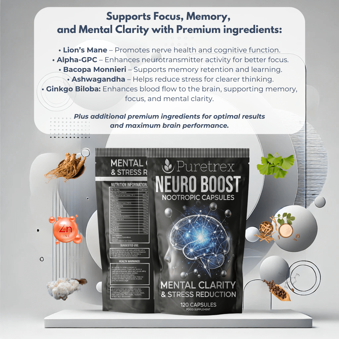 PURETREX Neuro Boost with premium nootropic ingredients – Lion’s Mane, Alpha GPC, Bacopa Monnieri, Ashwagandha, and Ginkgo Biloba for brain support.