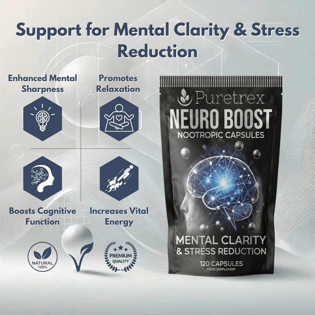 PURETREX Neuro Boost support for mental clarity and stress reduction with enhanced memory, focus, and brain performance.