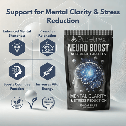 PURETREX Neuro Boost support for mental clarity and stress reduction with enhanced memory, focus, and brain performance.