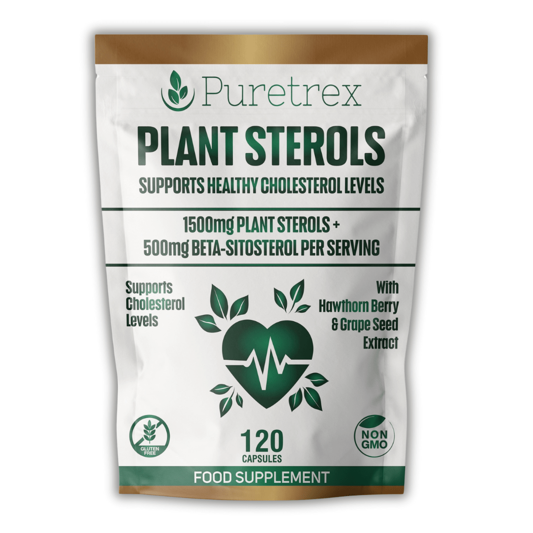Front packaging of Puretrex Plant Sterols, 1500mg per serving with hawthorn berry and grape seed extract, 120 vegan capsules.