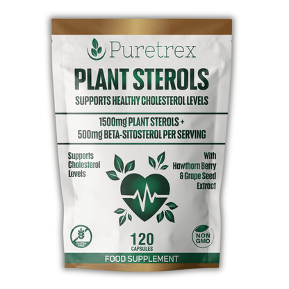 Front packaging of Puretrex Plant Sterols, 1500mg per serving with hawthorn berry and grape seed extract, 120 vegan capsules.