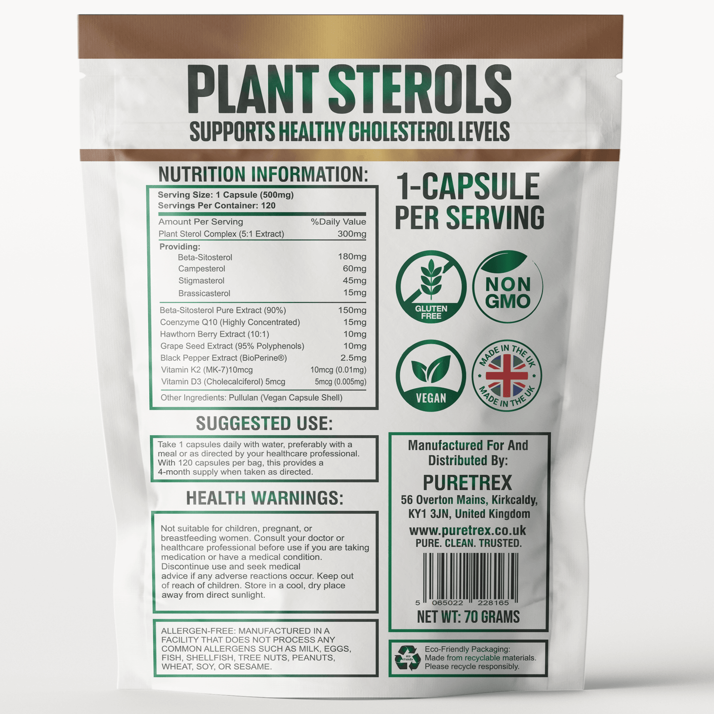Supplement facts label for Puretrex Plant Sterols – detailed nutrition information, ingredients, and usage instructions.
Plant Sterols 1500mg with 500mg Beta-Sitosterol, Hawthorn Berry and Grape Seed Extract – 120 capsules, UK made.