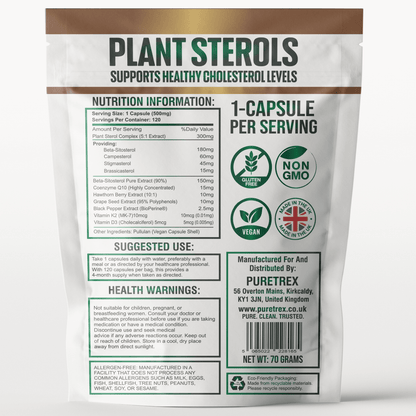 Supplement facts label for Puretrex Plant Sterols – detailed nutrition information, ingredients, and usage instructions.
Plant Sterols 1500mg with 500mg Beta-Sitosterol, Hawthorn Berry and Grape Seed Extract – 120 capsules, UK made.