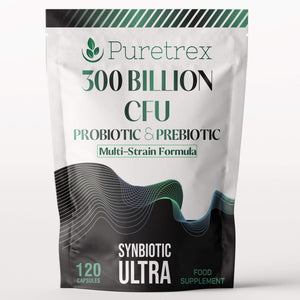 Front view of Puretrex 300 Billion CFU Probiotic & Prebiotic Synbiotic Ultra pouch with 120 capsules.