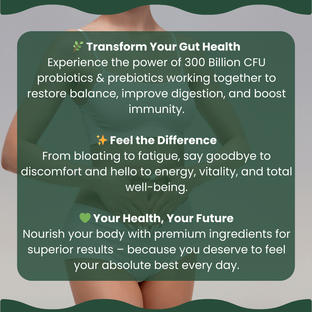 Graphic for Puretrex 300 Billion CFU Probiotic & Prebiotic highlighting gut health balance, digestion support, and vitality.