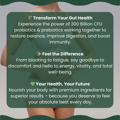 Graphic for Puretrex 300 Billion CFU Probiotic & Prebiotic highlighting gut health balance, digestion support, and vitality.