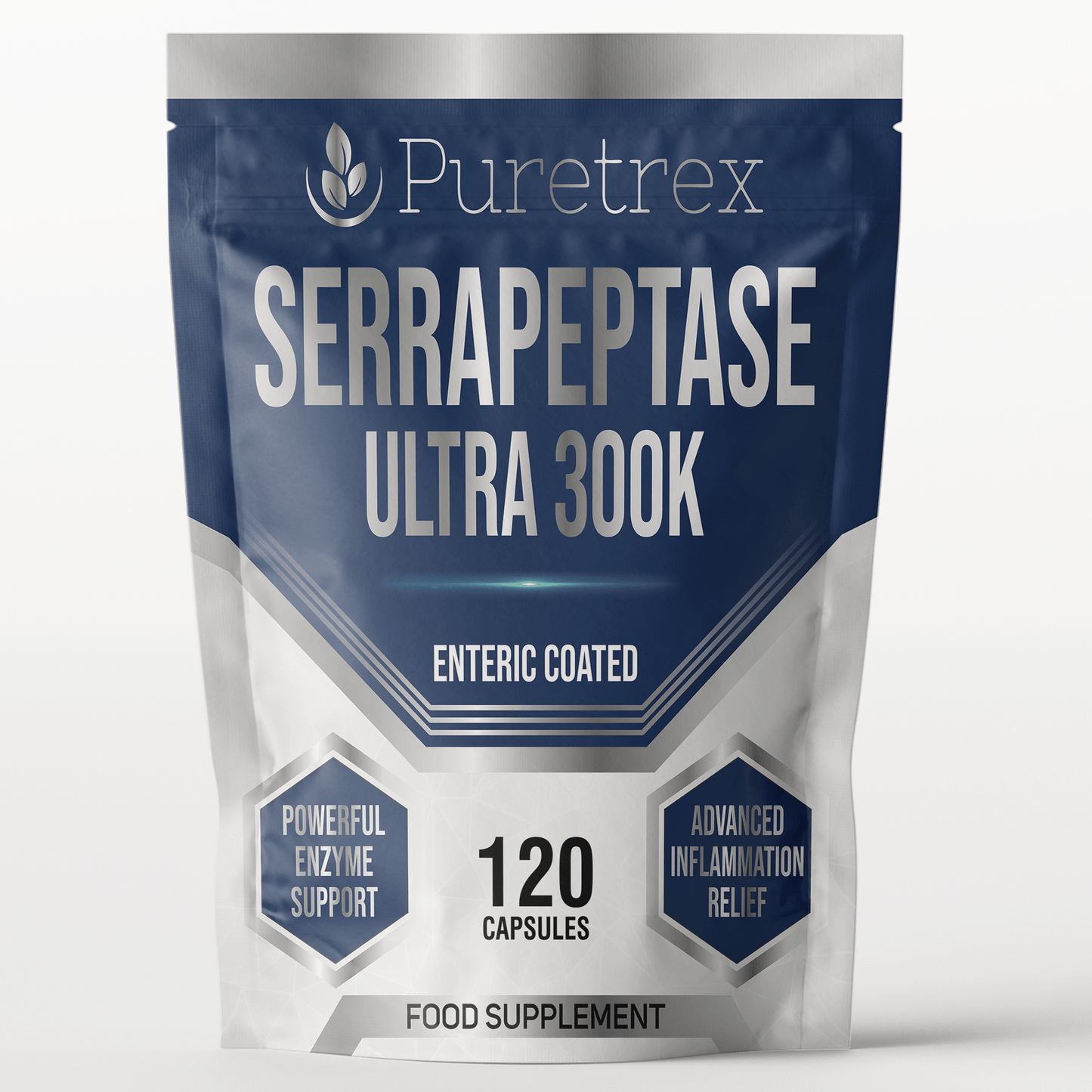 Puretrex Serrapeptase Ultra 300K – high strength 120 enteric-coated capsules, enzyme supplement for natural support, non-GMO, premium quality.