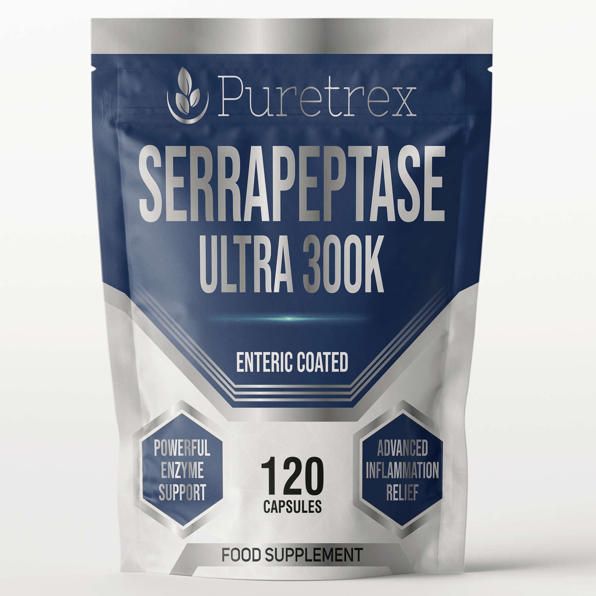 Puretrex Serrapeptase Ultra 300K – high strength 120 enteric-coated capsules, enzyme supplement for natural support, non-GMO, premium quality.