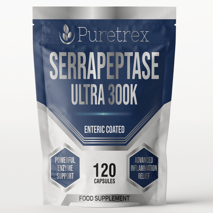 Puretrex Serrapeptase Ultra 300K – high strength 120 enteric-coated capsules, enzyme supplement for natural support, non-GMO, premium quality.