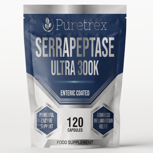 Puretrex Serrapeptase Ultra 300K – high strength 120 enteric-coated capsules, enzyme supplement for natural support, non-GMO, premium quality.