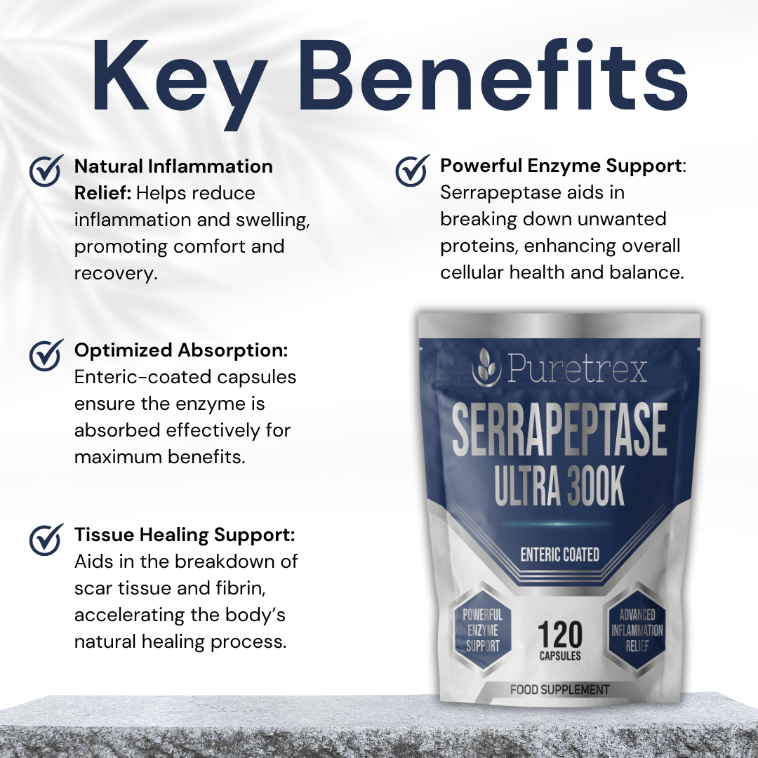 Key benefits of Puretrex Serrapeptase Ultra 300K – natural inflammation support, optimized absorption with enteric coating, tissue healing support.